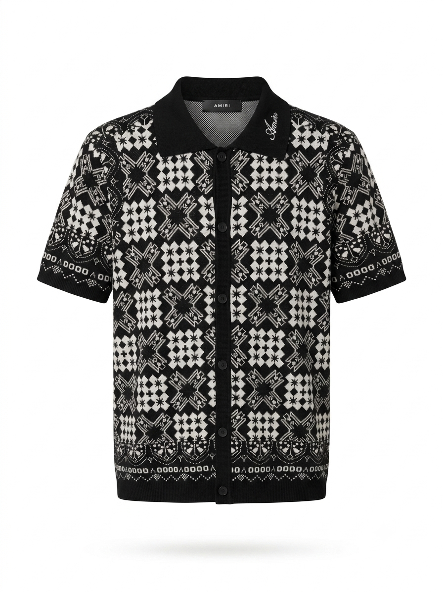 AM Geometric Jacquard Knit Polo in Black