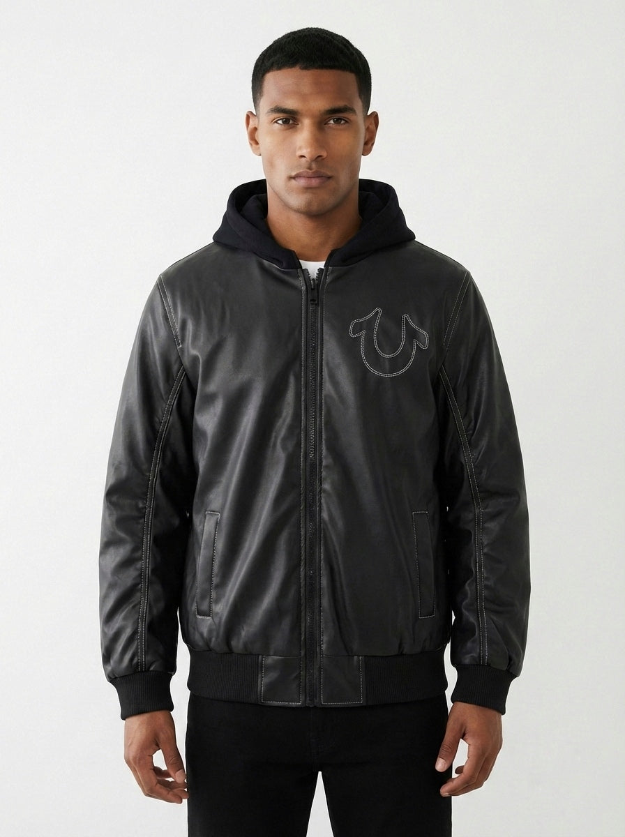 Contrast-Stitch Hooded Bomber