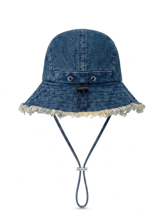 BAL Distressed Denim Bucket Hat with Hardware Logo