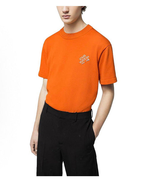 Terracotta Knitted T-Shirt with Embroidered Pin Motif
