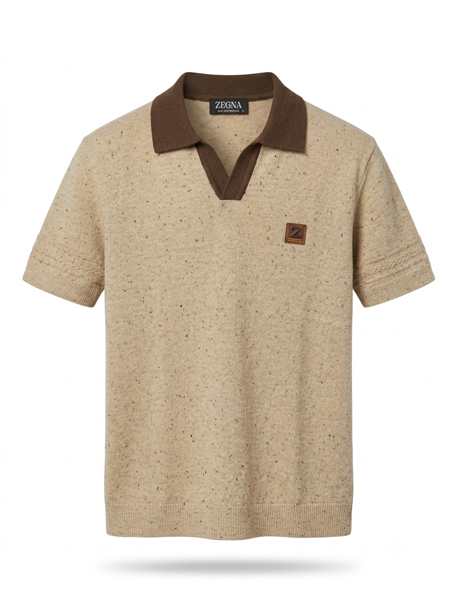 Z. Flecked Knit Johnny Collar Polo in Sand