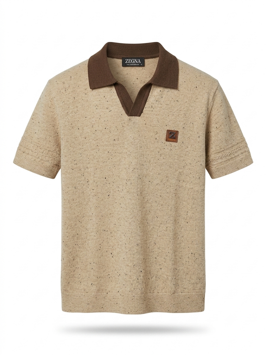 Z. Flecked Knit Johnny Collar Polo in Sand