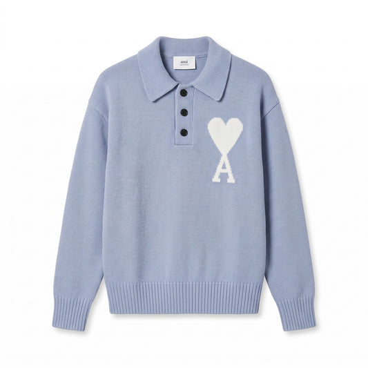 AMI Light Blue Intarsia Heart Polo Sweater