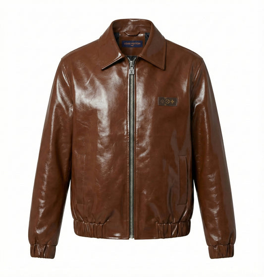 Luxury Glossy Brown Leather Jacket
