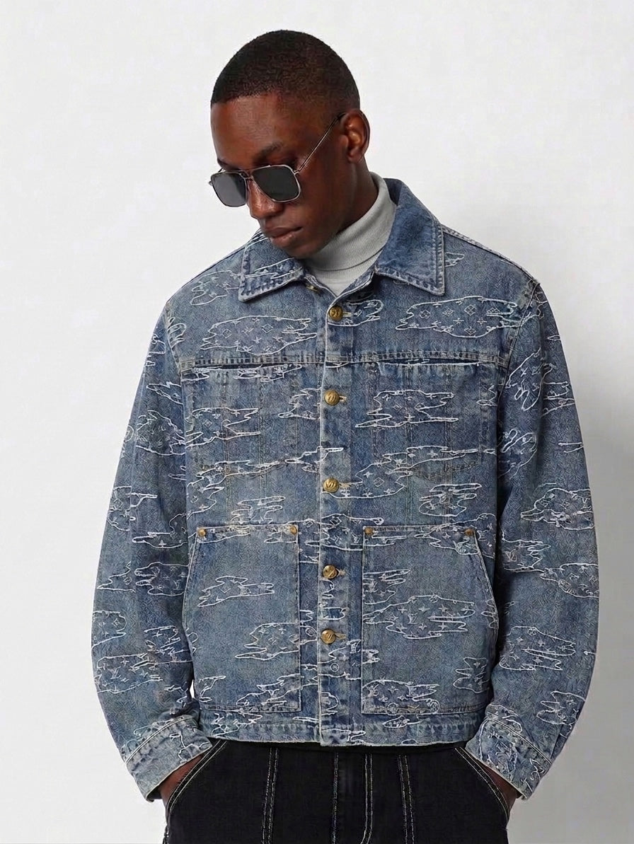 Embroidered Cloud Motif Denim Workwear Jacket