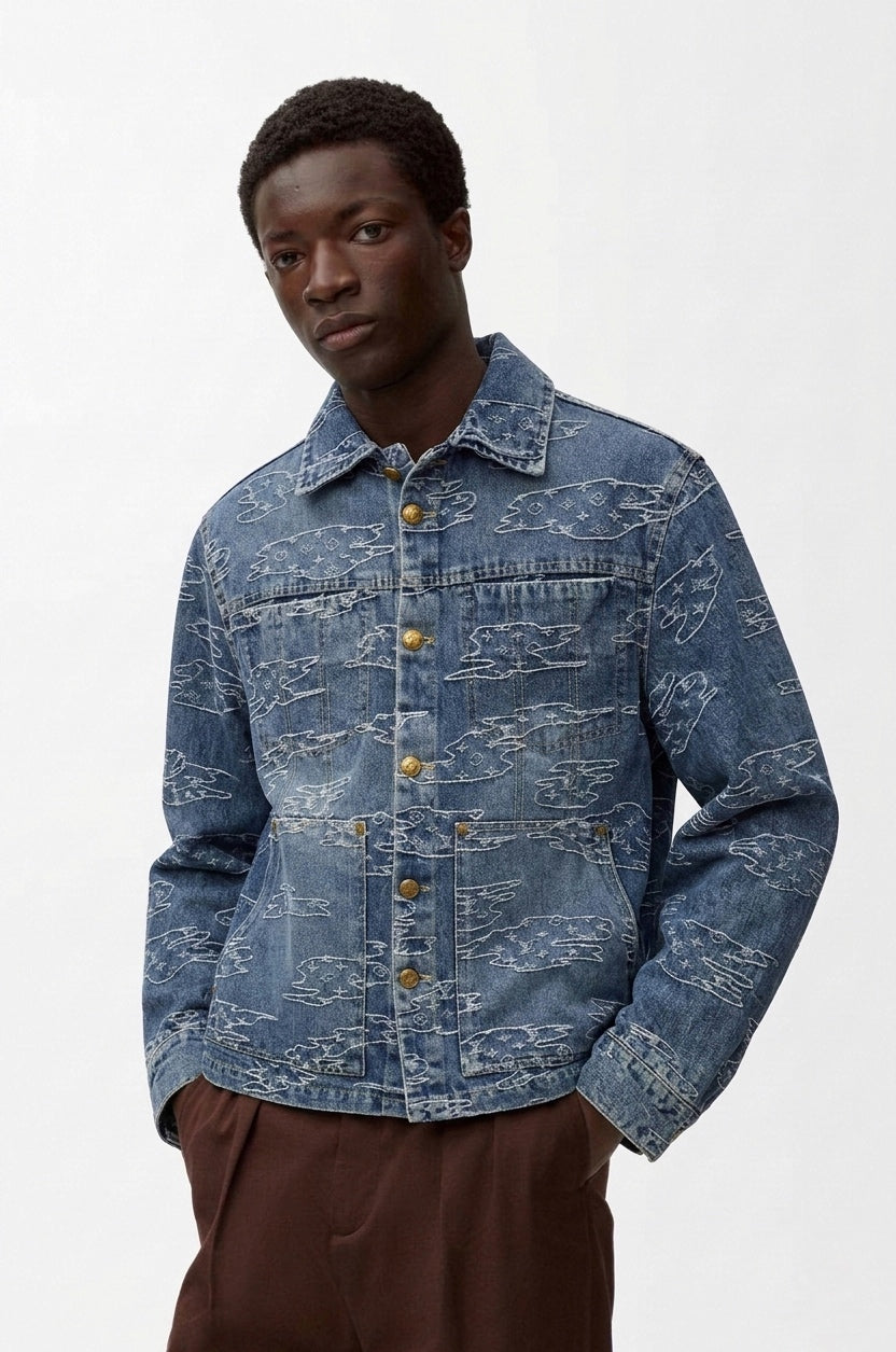 Embroidered Cloud Motif Denim Workwear Jacket