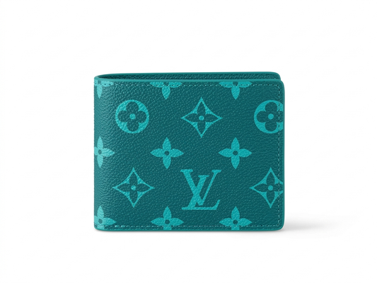 Men’s Vibrant Teal Monogram Bi-Fold Wallet – Slim Green Interior