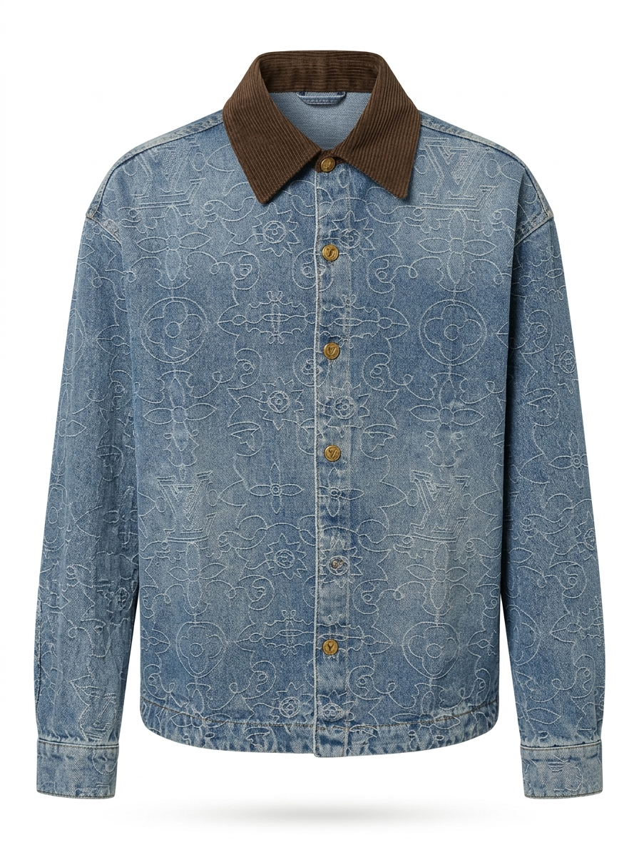 LV Ornamental Monogram Denim Overshirt with Corduroy Collar