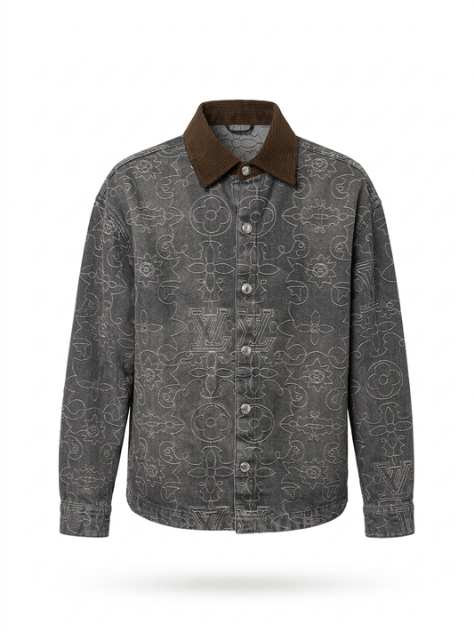 LV Ornamental Monogram Denim Overshirt with Corduroy Collar