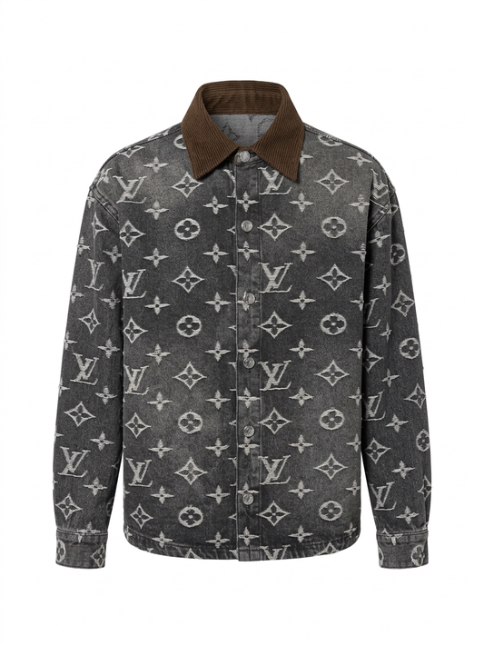 LV Monogram Light-Wash Denim Overshirt with Corduroy Collar