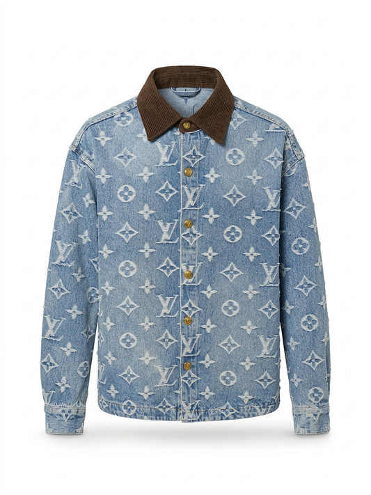 LV Monogram Light-Wash Denim Overshirt with Corduroy Collar