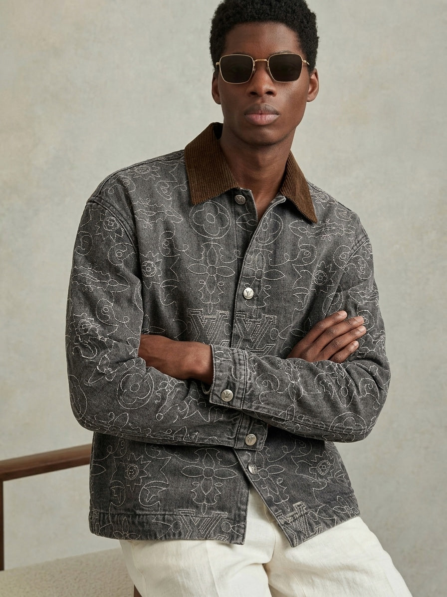 LV Ornamental Monogram Denim Overshirt with Corduroy Collar