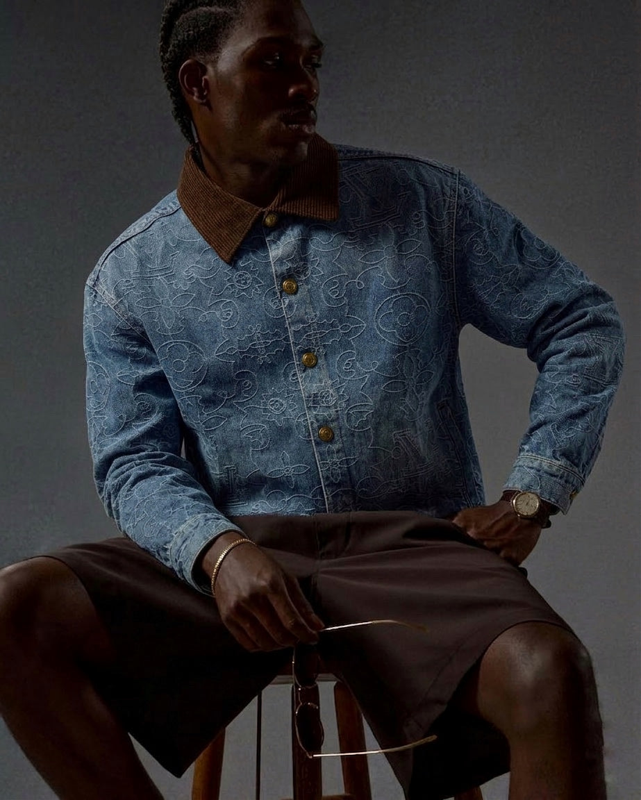 LV Ornamental Monogram Denim Overshirt with Corduroy Collar