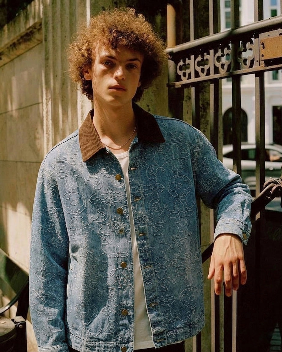 LV Ornamental Monogram Denim Overshirt with Corduroy Collar