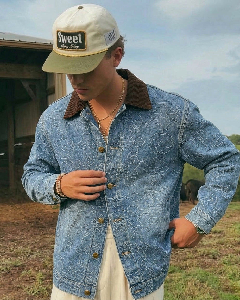 LV Ornamental Monogram Denim Overshirt with Corduroy Collar