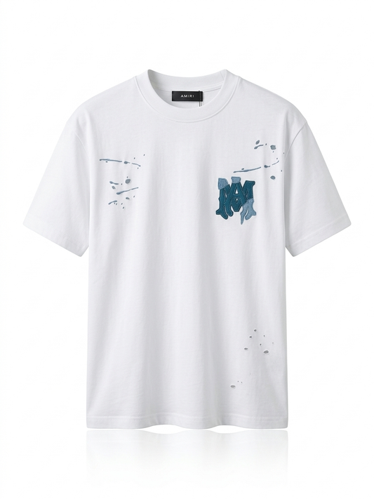 AM Distressed "MA" Patchwork Appliqué T-Shirt