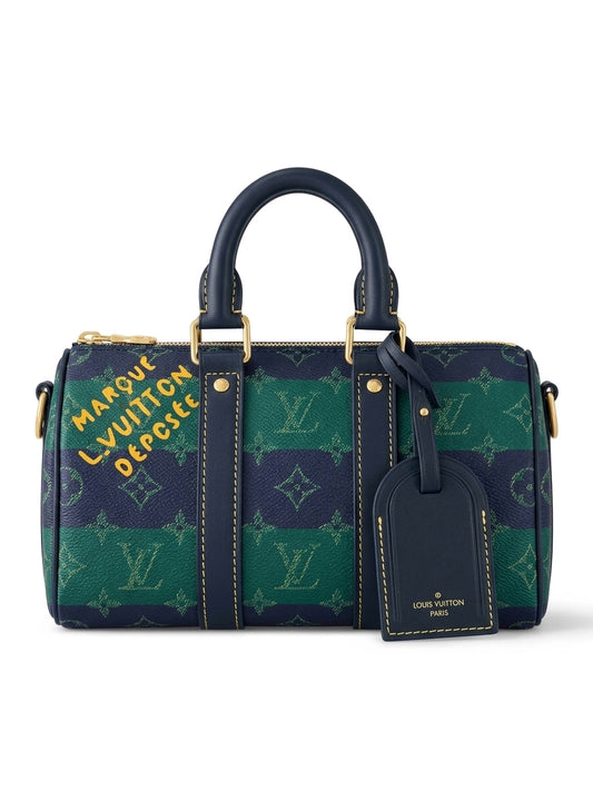 LV Luxury Striped Monogram Barrel Satchel with Painted Lettering Detail