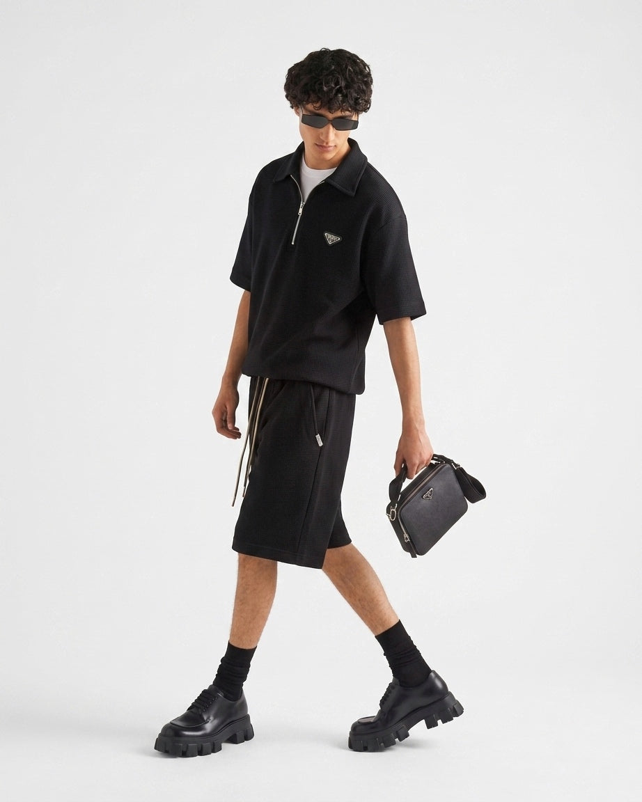 PRD // Textured Quarter-Zip & Waffle-Knit Shorts Set