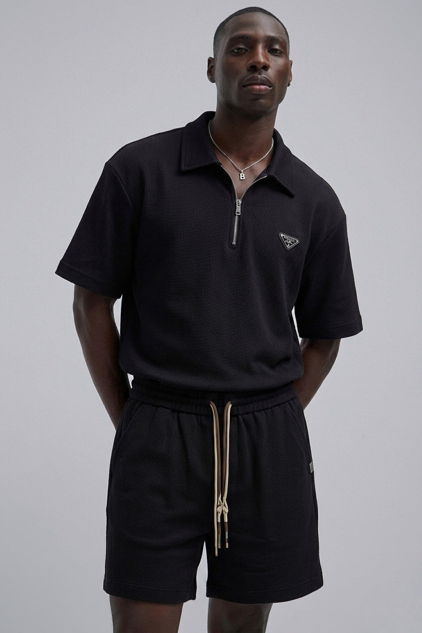 PRD // Textured Quarter-Zip & Waffle-Knit Shorts Set