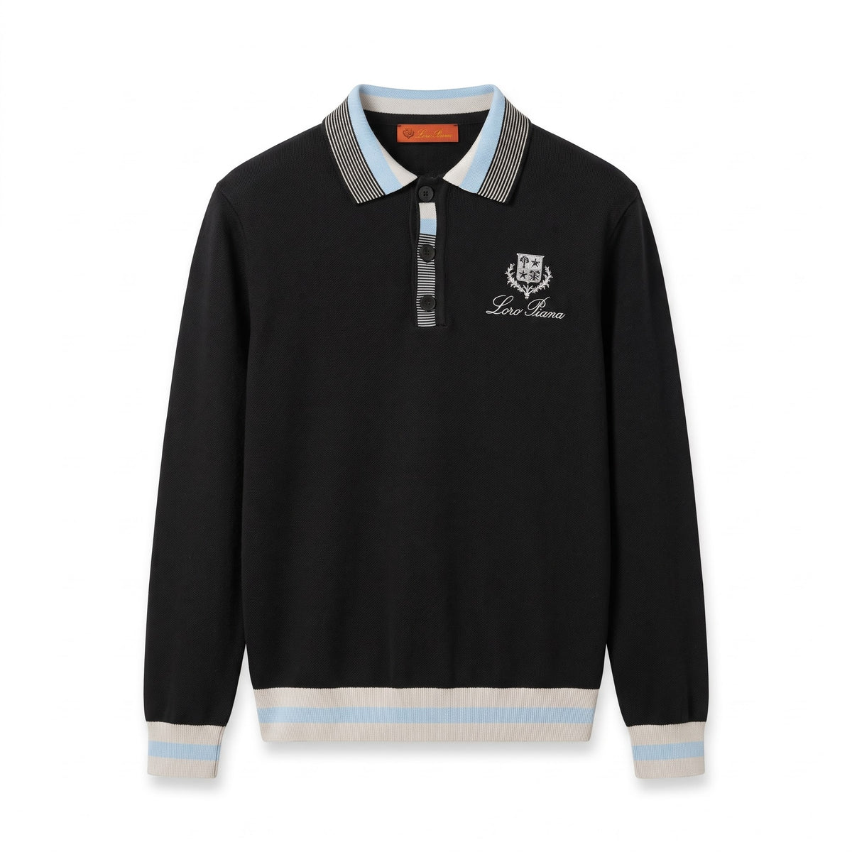 LP Crested Black Knit Polo with Striped Trims