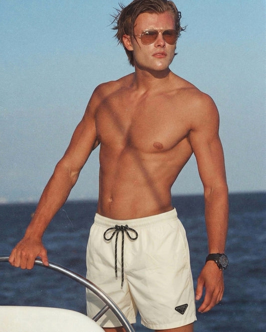 P. Technical Nylon Triangle-Logo Swim Shorts, Cream