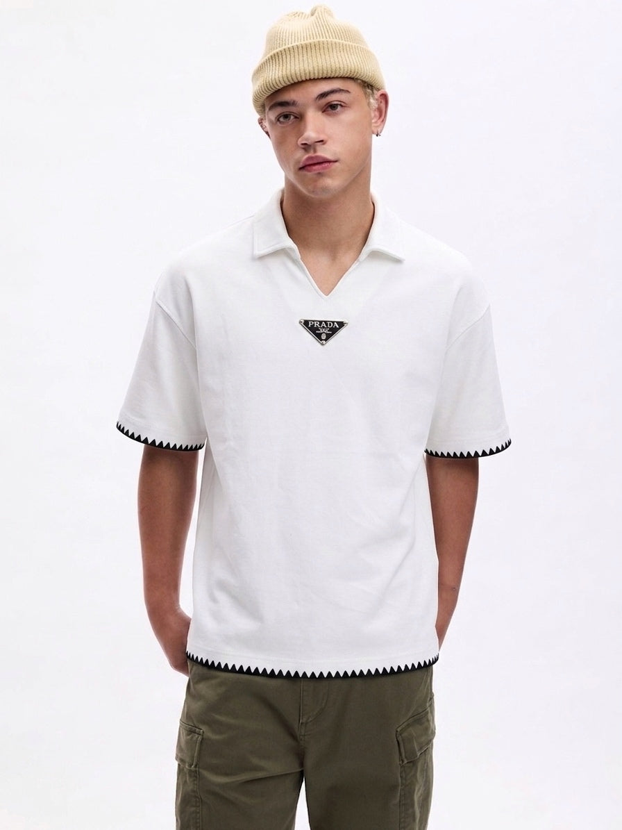 P. Contrast-Trim Open Collar Polo