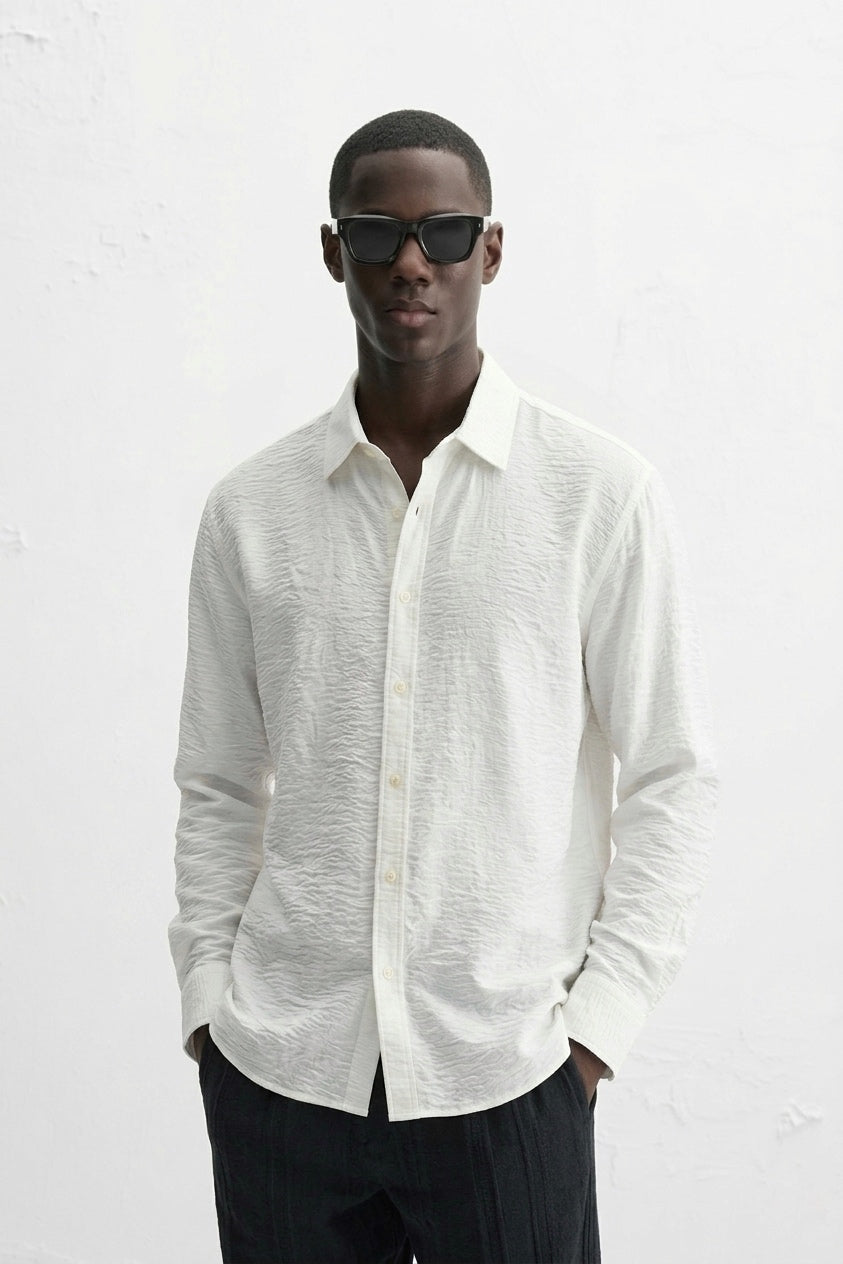 D&G White Textured Linen Long-Sleeve Shirt