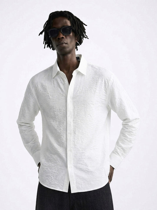 D&G White Textured Linen Long-Sleeve Shirt