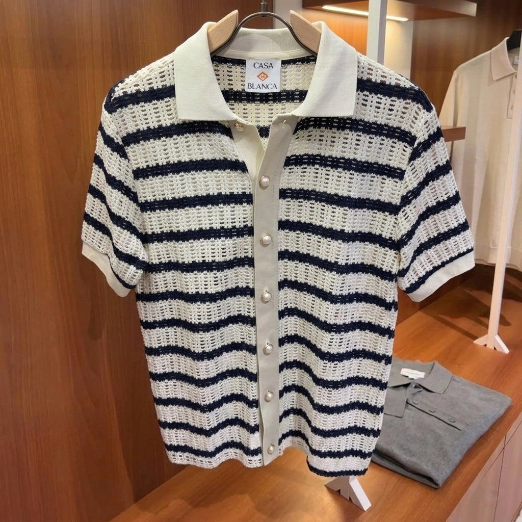 CB Striped Open-Knit Polo