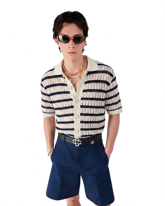 CB Striped Open-Knit Polo