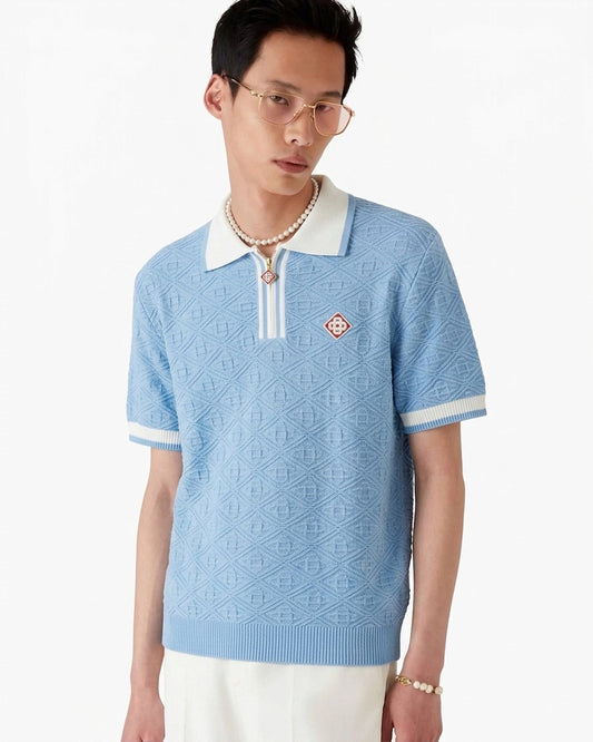 CASA Signature Jacquard Quarter-Zip Polo - Sky Blue