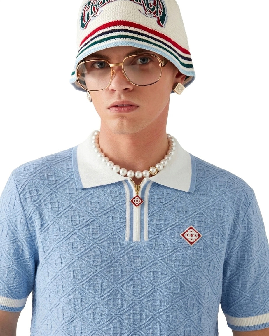 CASA Signature Jacquard Quarter-Zip Polo - Sky Blue