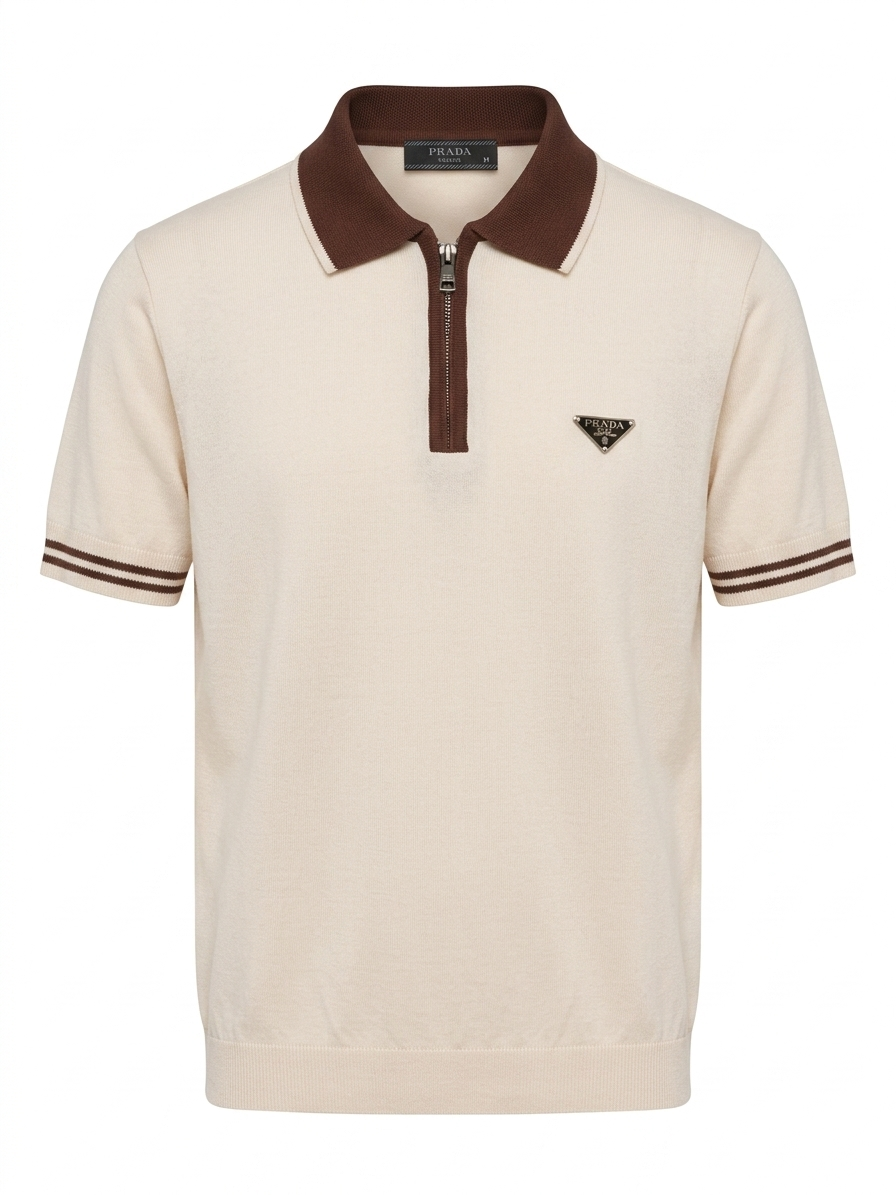 PRD Knit Zip-Up Polo Shirt in Cream & Brown