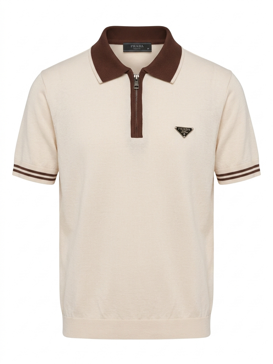 PRD Knit Zip-Up Polo Shirt in Cream & Brown