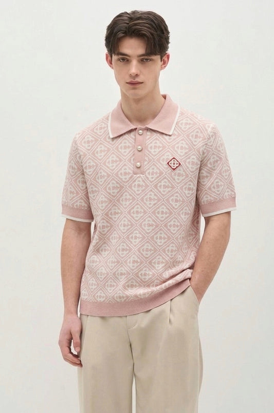 Casa Monogram Jacquard Knit Polo - Rose & Ivory