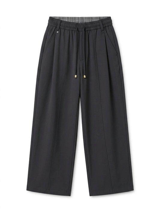 M.R. Pleated Wide-Leg Drawstring Trousers – Charcoal