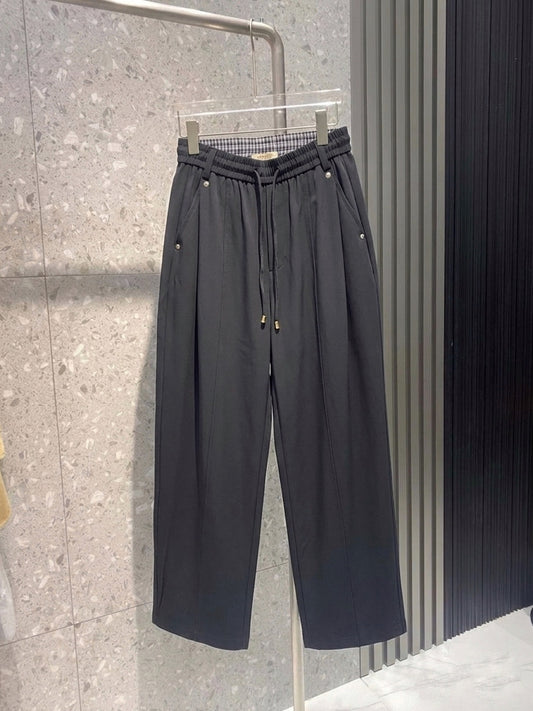 M.R. Pleated Wide-Leg Drawstring Trousers – Charcoal