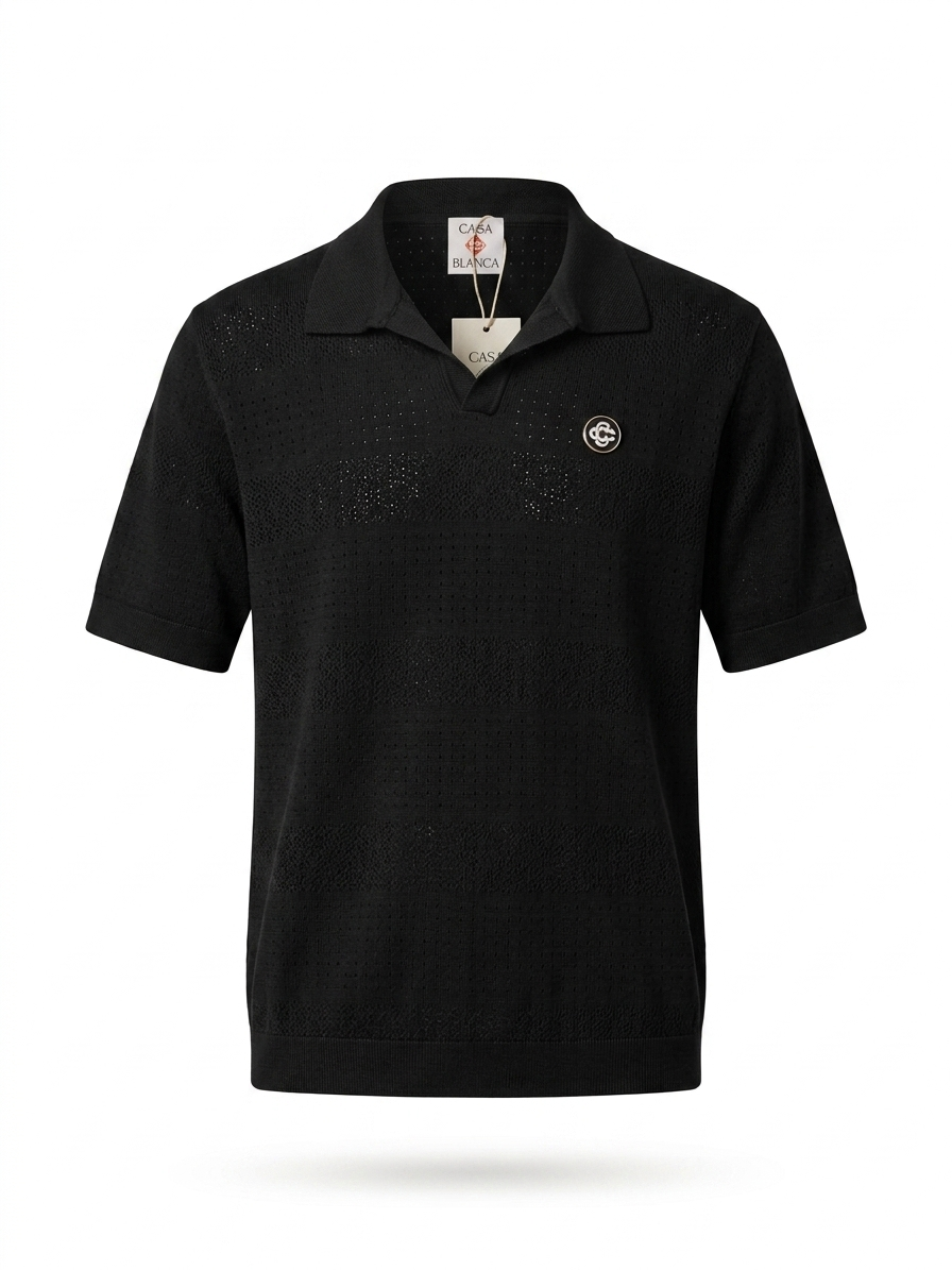 Casa Pointelle Open-Work Knit Polo in Noir