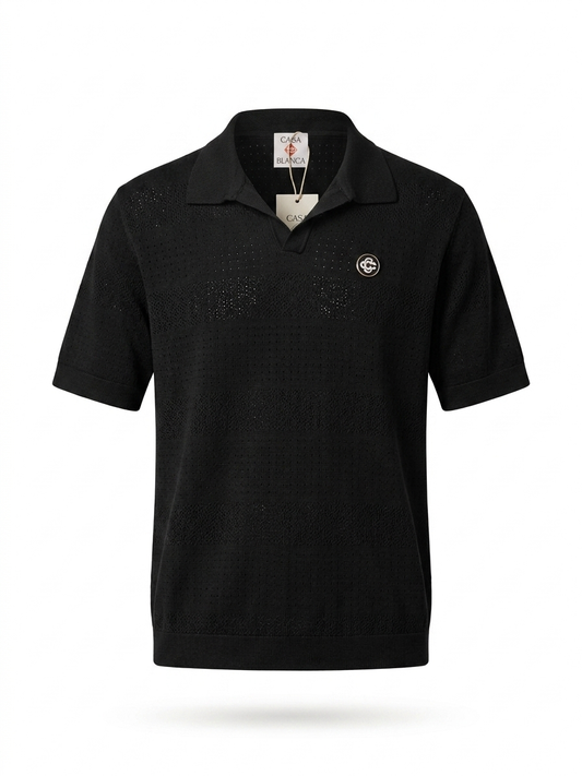 Casa Pointelle Open-Work Knit Polo in Noir