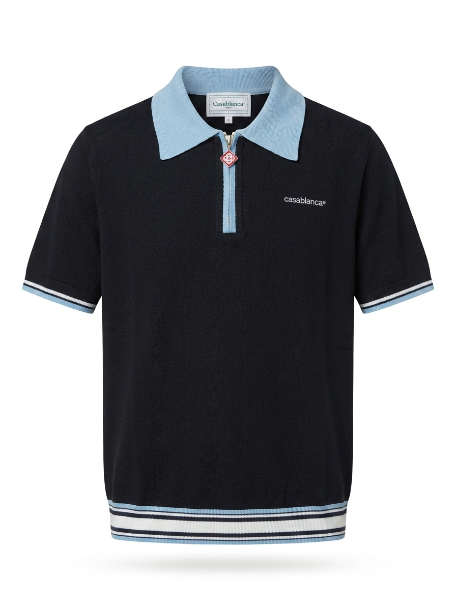 CB Contrast-Collar Knit Zip Polo