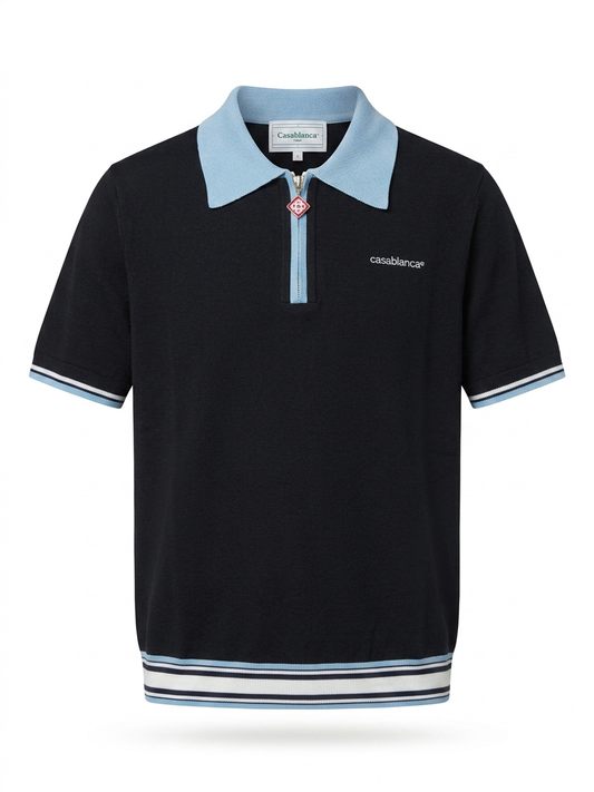 CB Contrast-Collar Knit Zip Polo