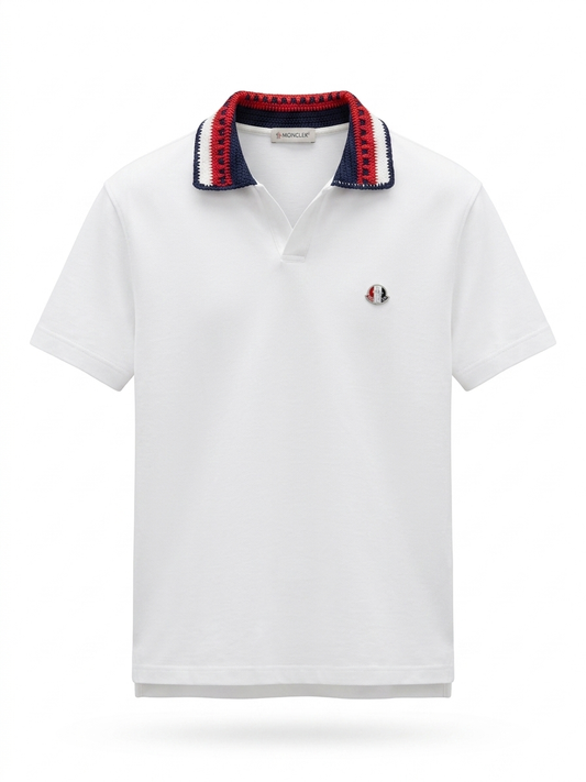 MNCLR Tricolor Crochet-Knit Polo, White