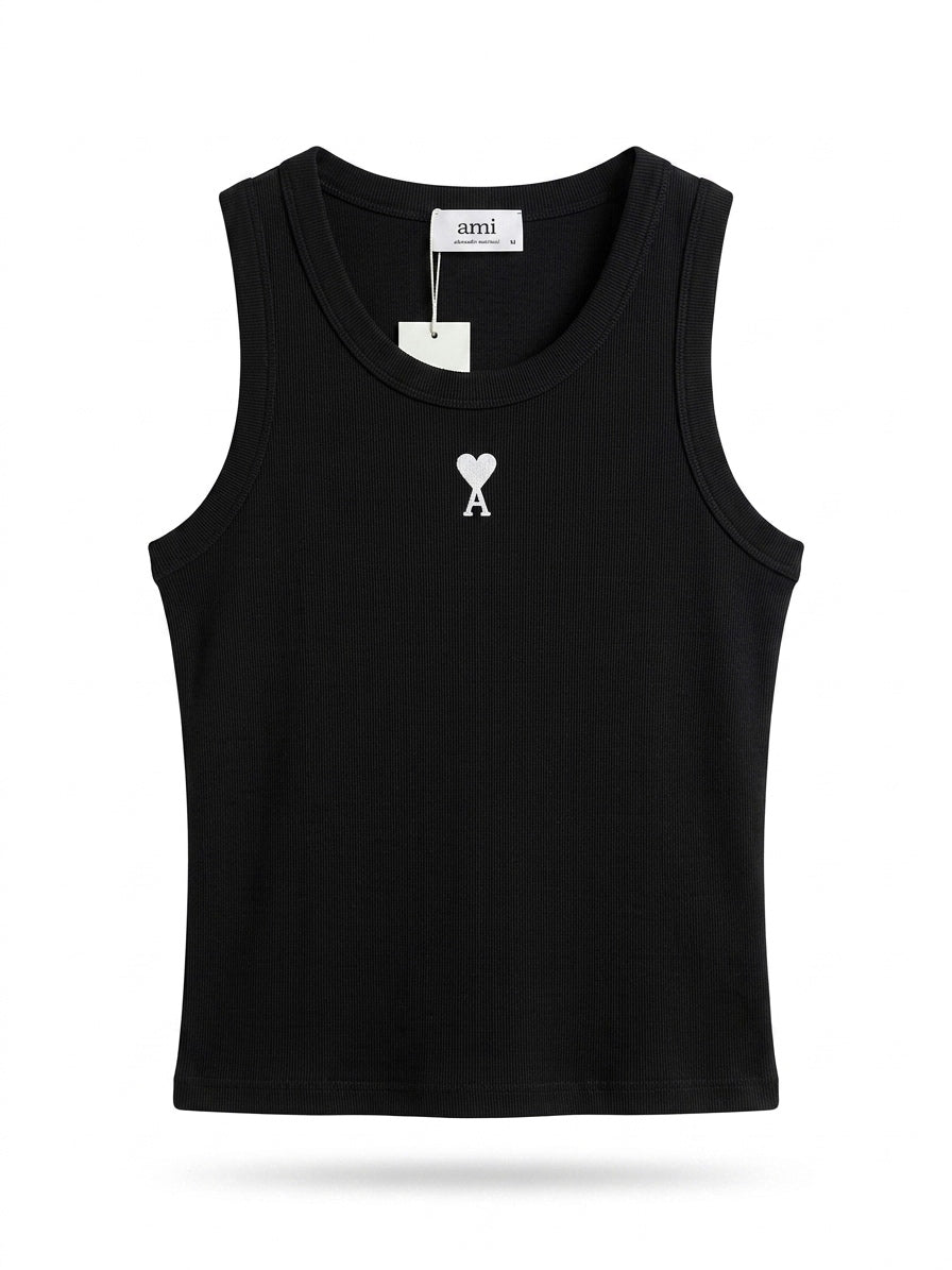 AMI Emblematic Ami de Coeur Ribbed Tank Top, Black