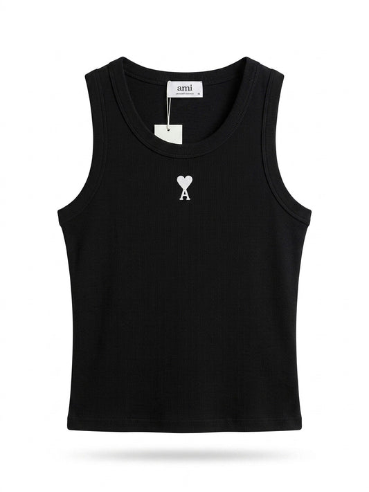 AMI Emblematic Ami de Coeur Ribbed Tank Top, Black