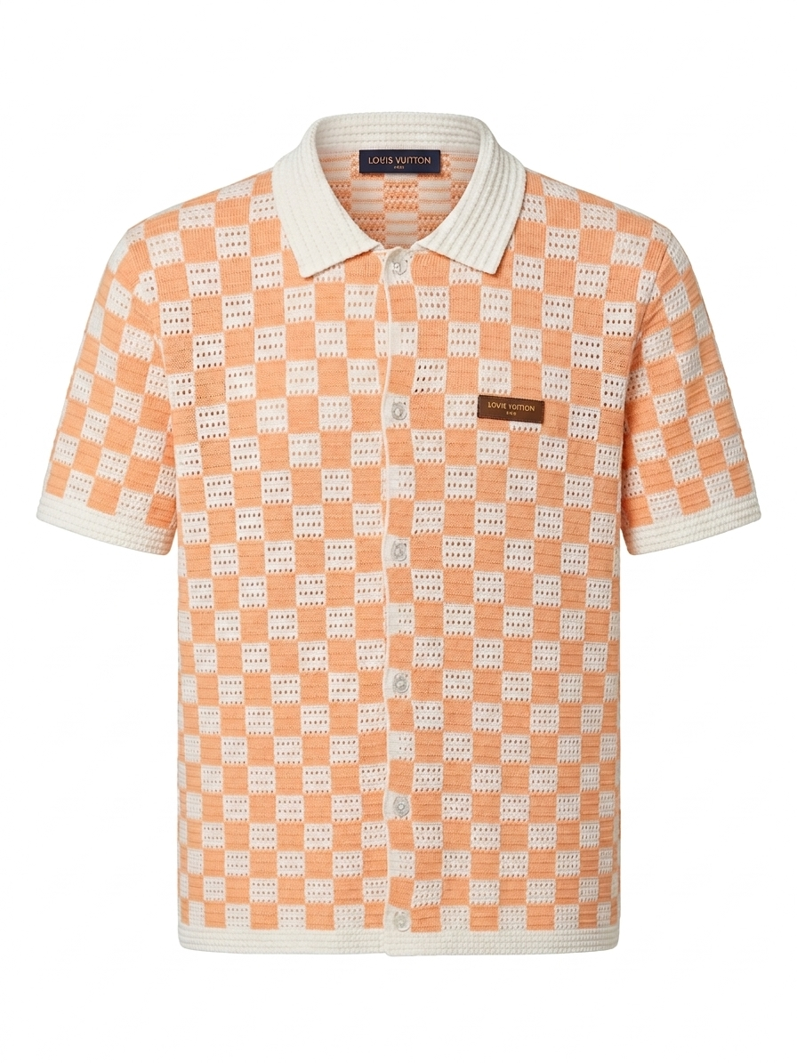 LV Damier Sanguine Open-Work Knit Polo Shirt
