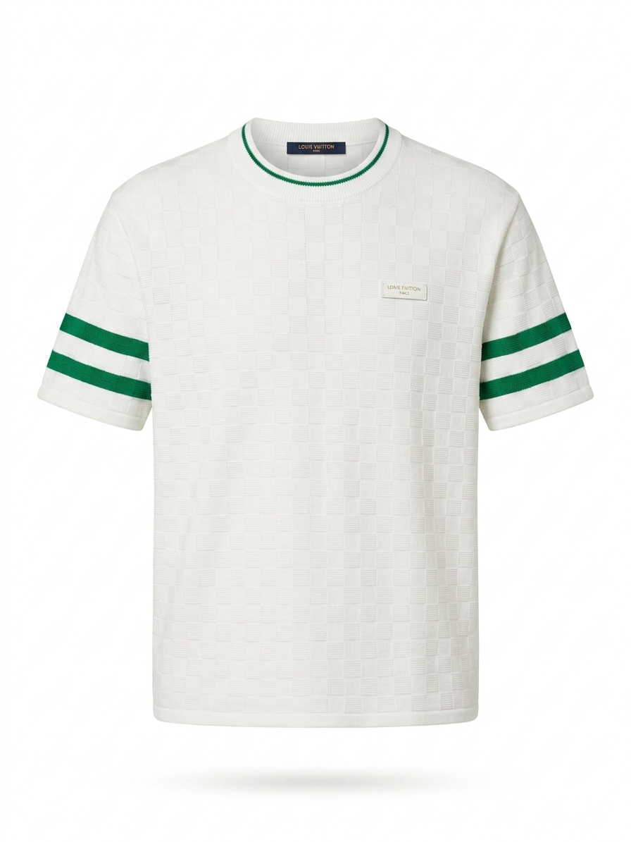 LV Damier Textured Knit Tee with Green Trim