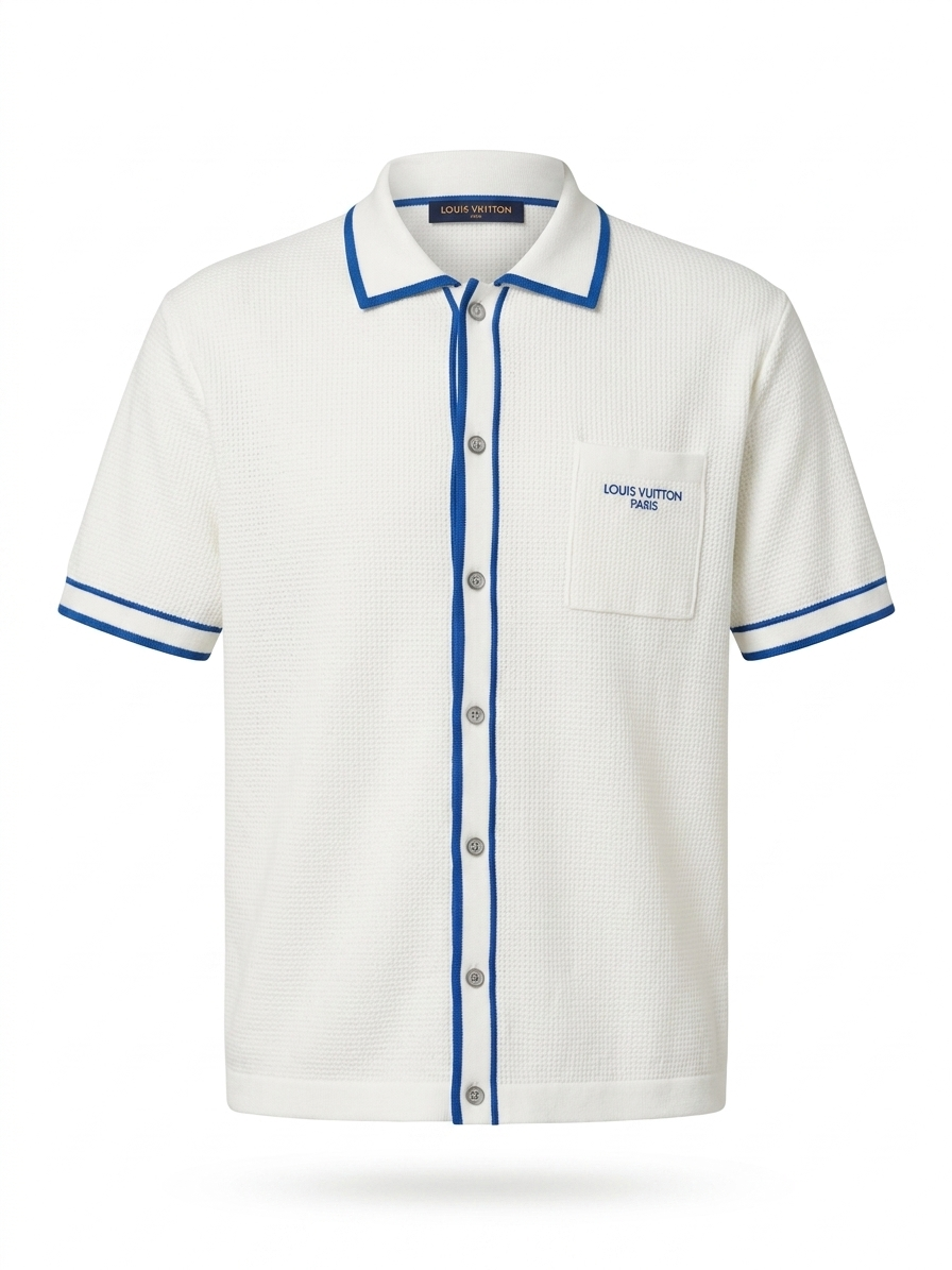 LV Contrast-Trim Textured Knit Resort Shirt